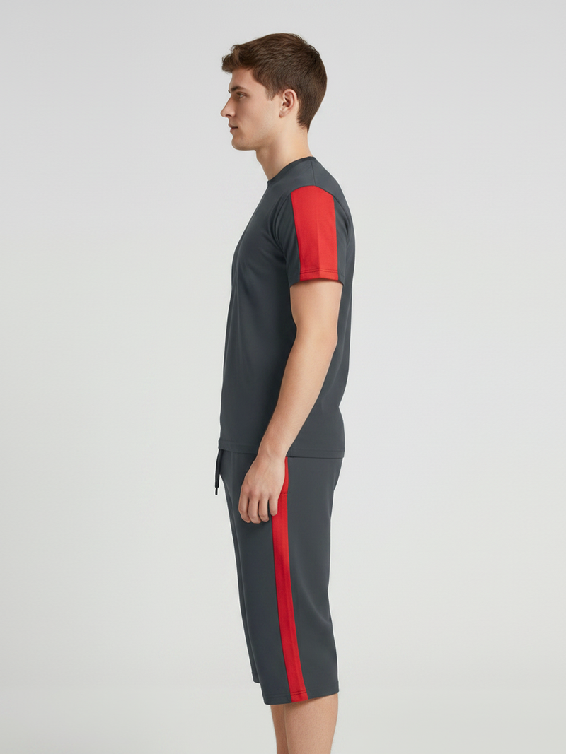 Summer Co Ord Set For Men-Dark Grey & Red-BE9448