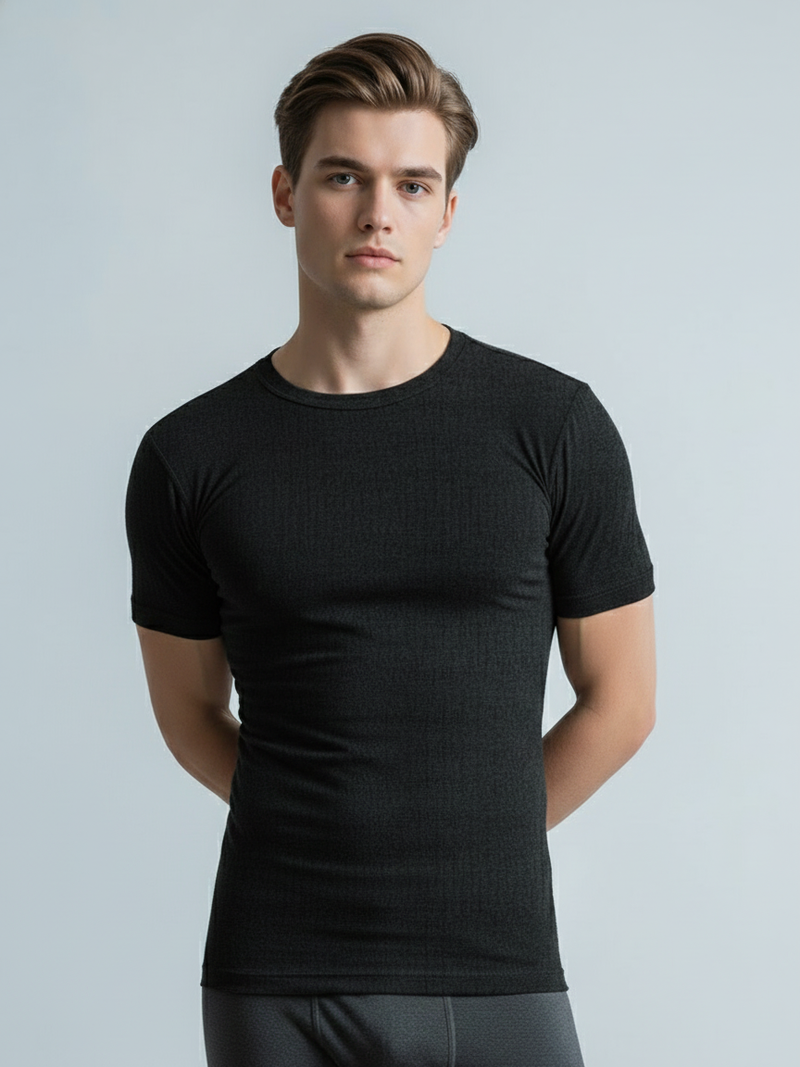 Half Sleeve Thermal Warmer Shirt For Men-Black-TVS06