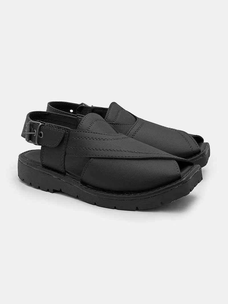 Men's Double Stitch Design Peshawari Chappal-Black-BE1157/BR13406