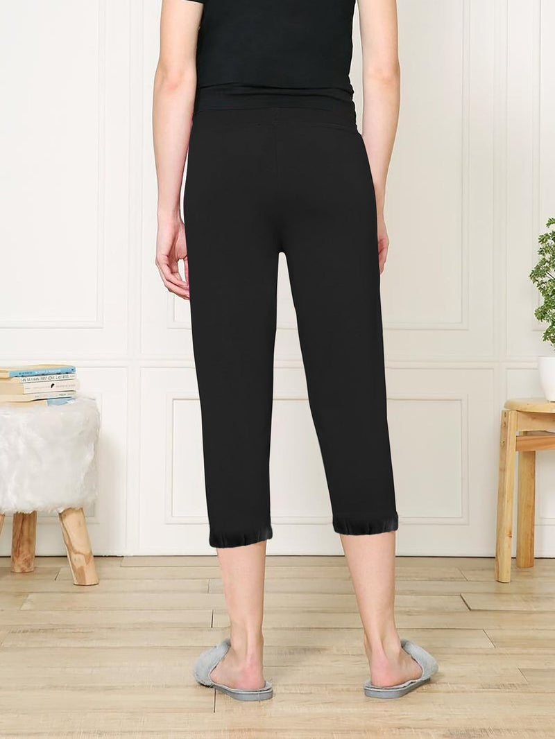 NYC Polo Fleece Gathering Bottom Capri For Ladies-Black-SP2002
