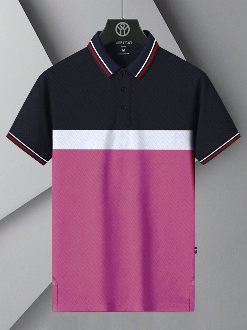 LV Summer Dry Fit Polo Shirt For Men-Navy with White & Pink Panels-BE1708/BR13917