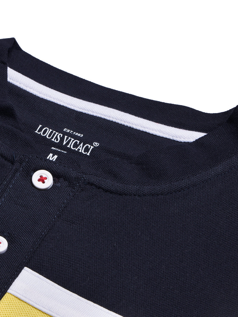 Louis Vicaci P.Q Long Sleeve Henley Shirt For Men-Mid Navy with Yellow-BE955/BR13203