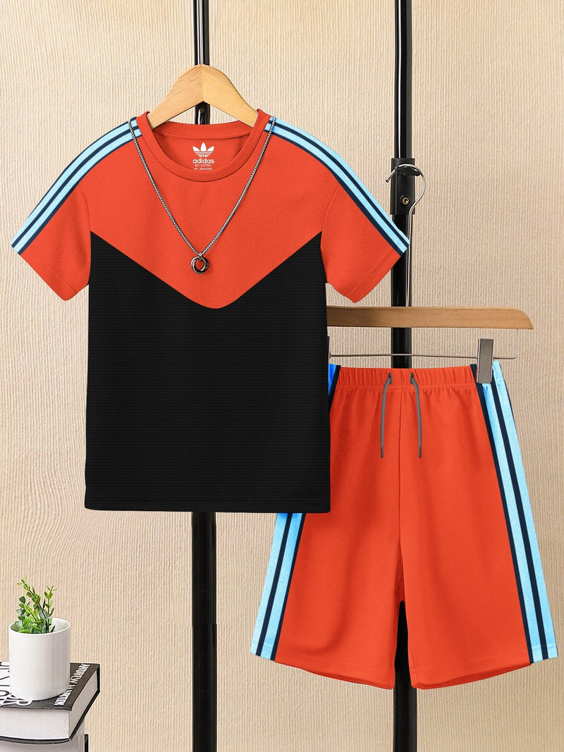 Summer T Shirt & Short Suit For Kids-Orange & Black Lining with Sky,Navy Stripe-BE3311/BR15749