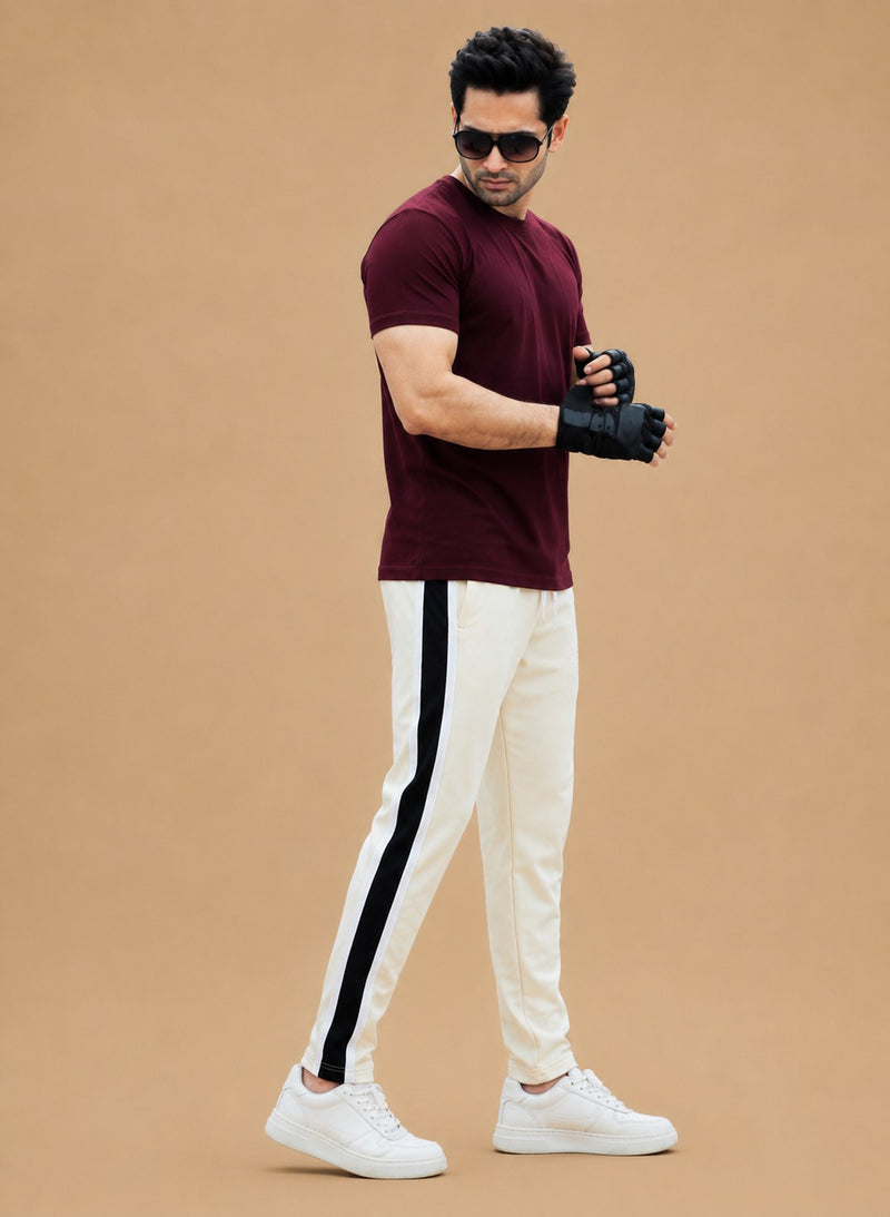 Stylish Regular Fit Summer Trouser For Men-Skin With Navy & White Stripers-A11