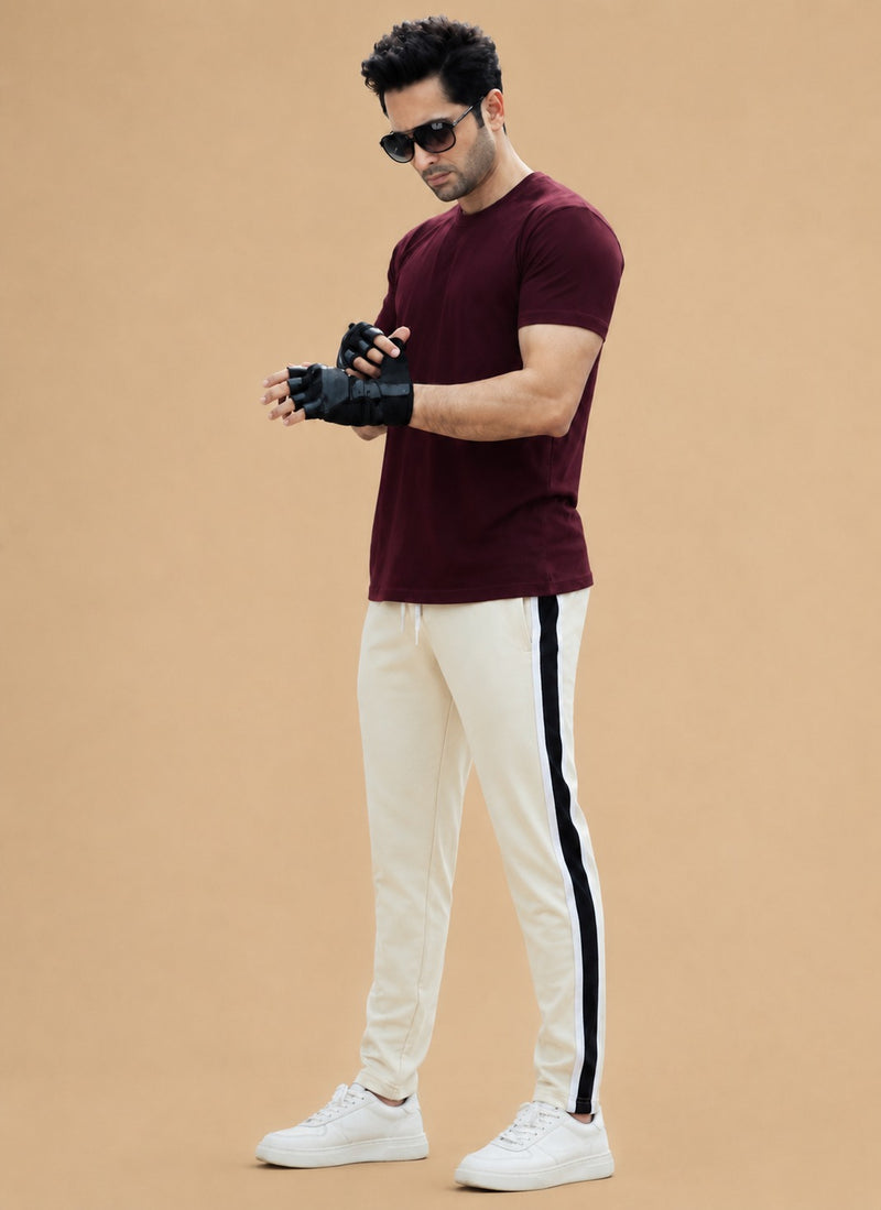 Stylish Regular Fit Summer Trouser For Men-Skin With Navy & White Stripers-A11