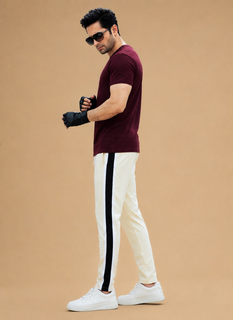 Stylish Regular Fit Summer Trouser For Men-Skin With Navy & White Stripers-A11