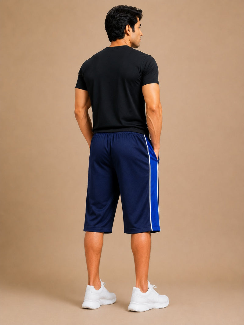 Stylish Knee Length Short For Men-Blue With Royal Blue Stripe-A19