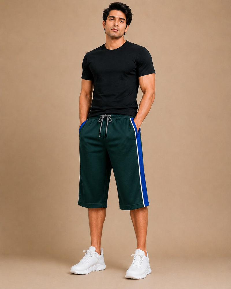 Stylish Knee Length Short For Men-Green With Navy Stripe-A17