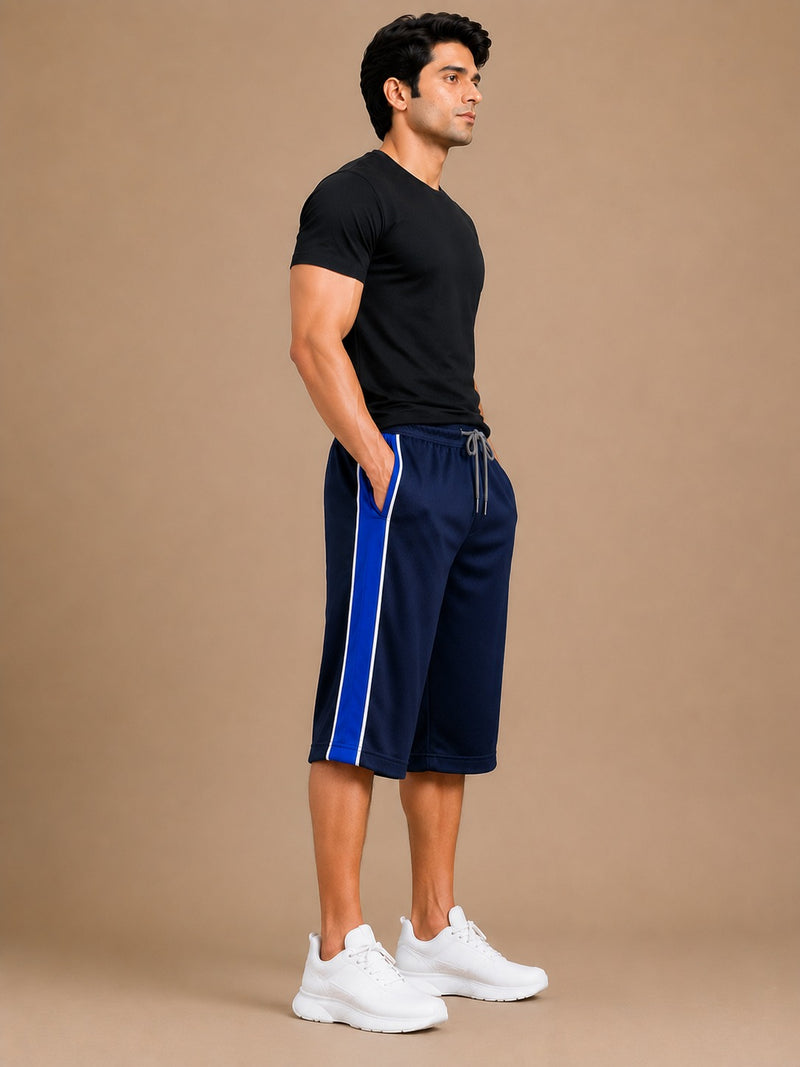 Stylish Knee Length Short For Men-Blue With Royal Blue Stripe-A19