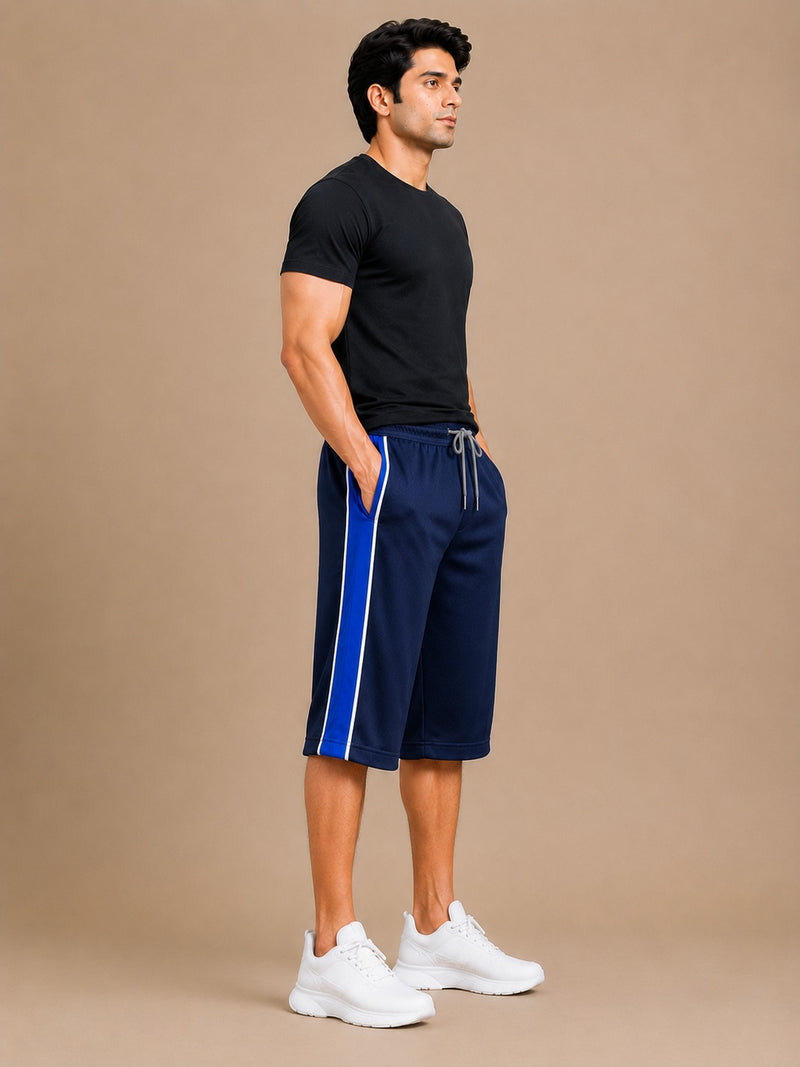Stylish Knee Length Short For Men-Blue With Royal Blue Stripe-A19