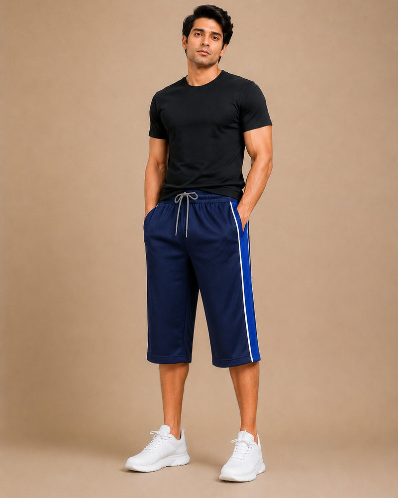 Stylish Knee Length Short For Men-Blue With Royal Blue Stripe-A19