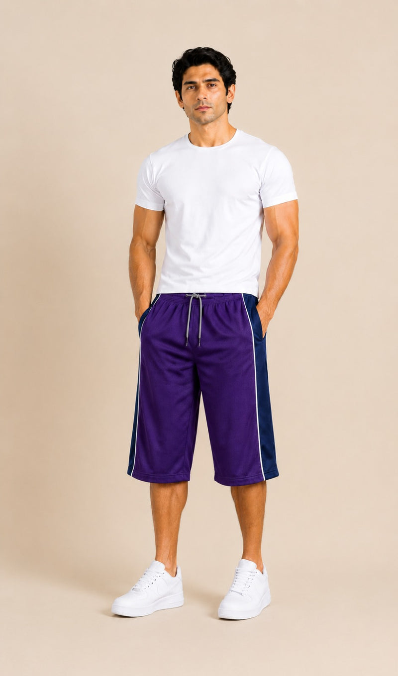 Stylish Knee Length Short For Men- Purple With Navy Stripe-A16