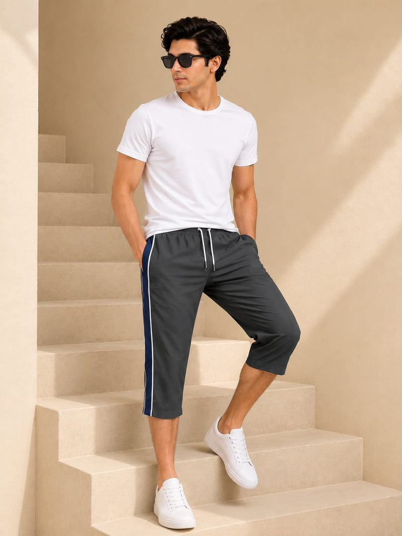 Stylish Knee Length Short For Men-Slate Gray With Navy Stripe-A18
