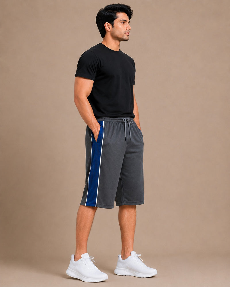 Stylish Knee Length Short For Men-Slate grey With Navy Stripe-A14