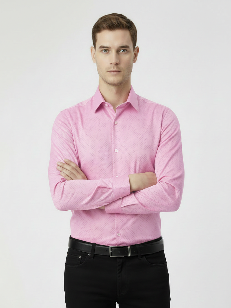 Rawgear 4 Side Lycra Slim Fit Long Sleeve Casual Shirt For Men-Pink With Dots-RG07