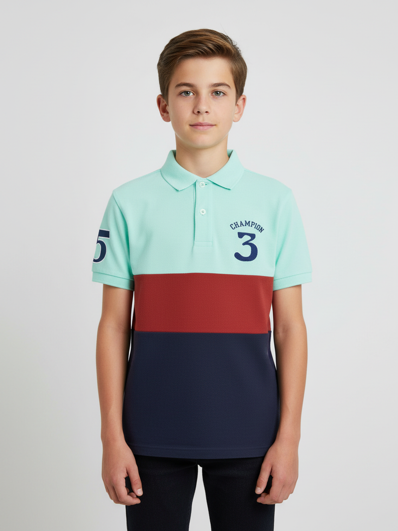 Champion Single Jersey Polo Shirt For Kids-Light Sea Green & Red with Navy Melange Panels-SP1680/RT2402