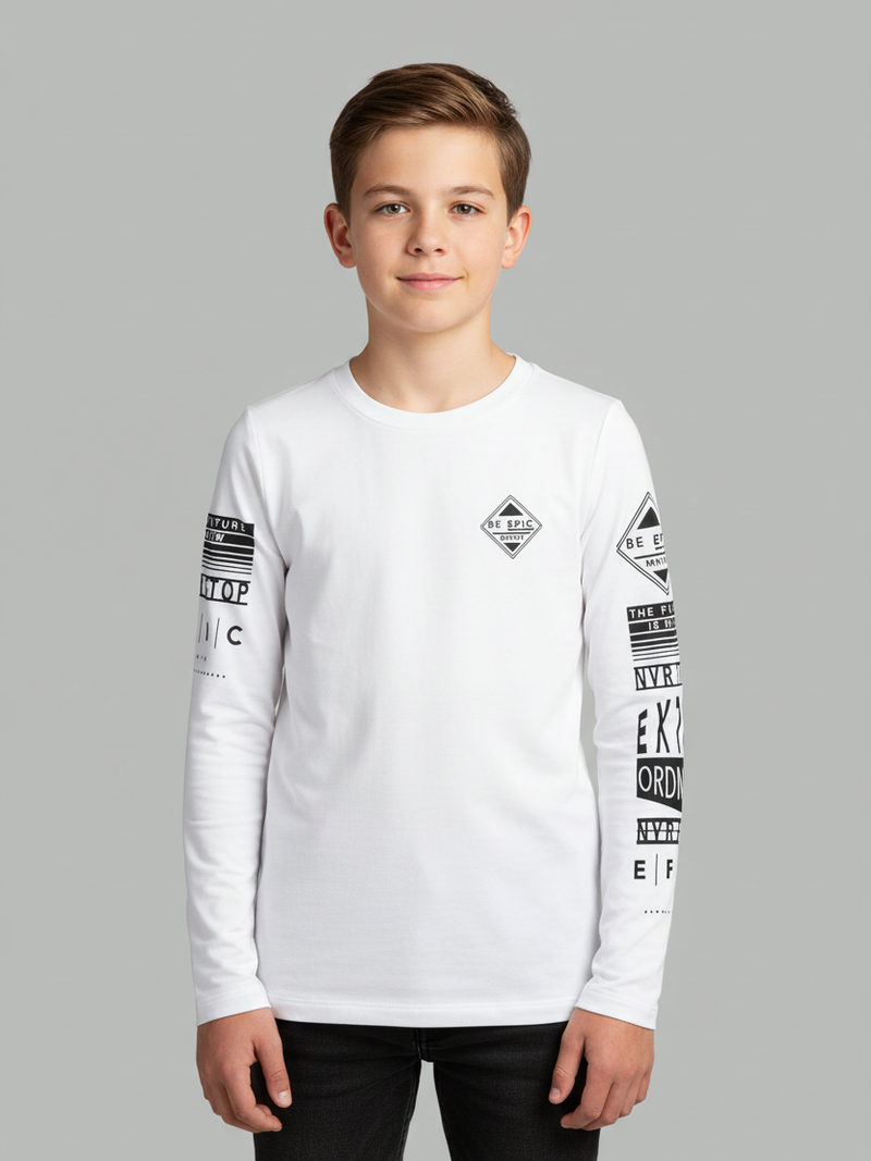 Maxx Crew Neck Long Sleeve Single Jersey Tee Shirt For Kids-White-SP209/RT2115