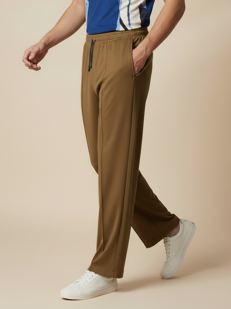 Stylish Wood Brown Wide-Leg Pleated Summer Lycra Trousers For Men-NST47
