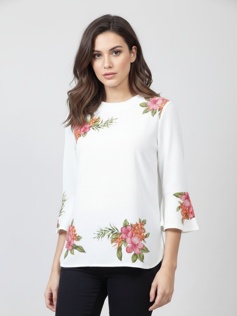 Louis Vicaci Butterfly Sleeve 4 Sided Lycra Crew Neck Top For Ladies-White-RT2076